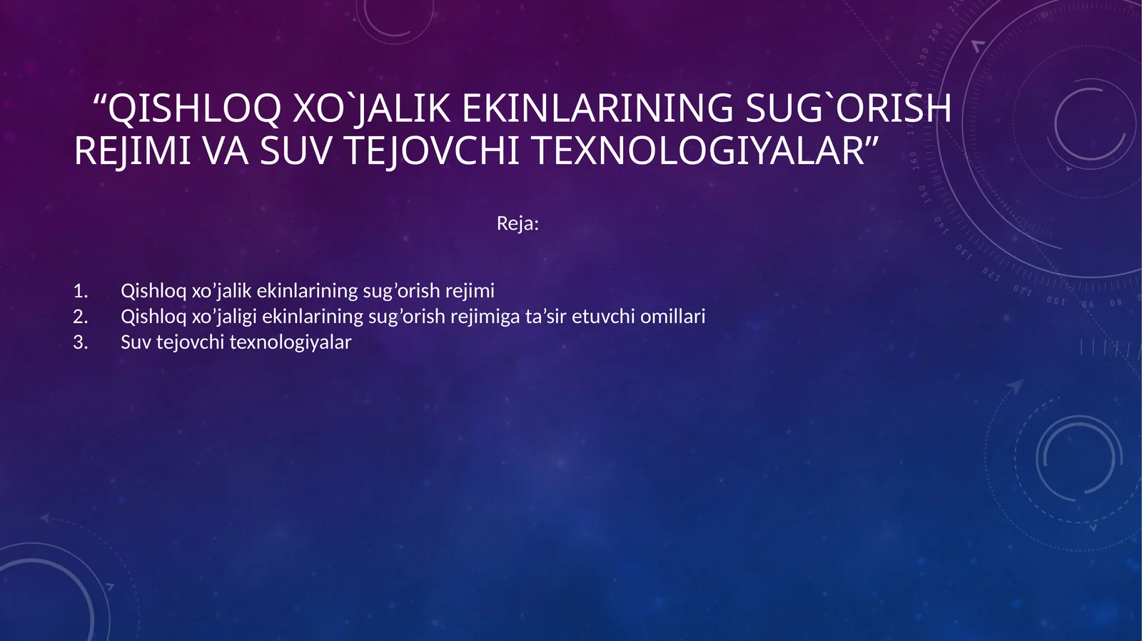 Qishloq xo`jalik ekinlarining sug`orish rеjimi va suv tejovchi texnologiyalar