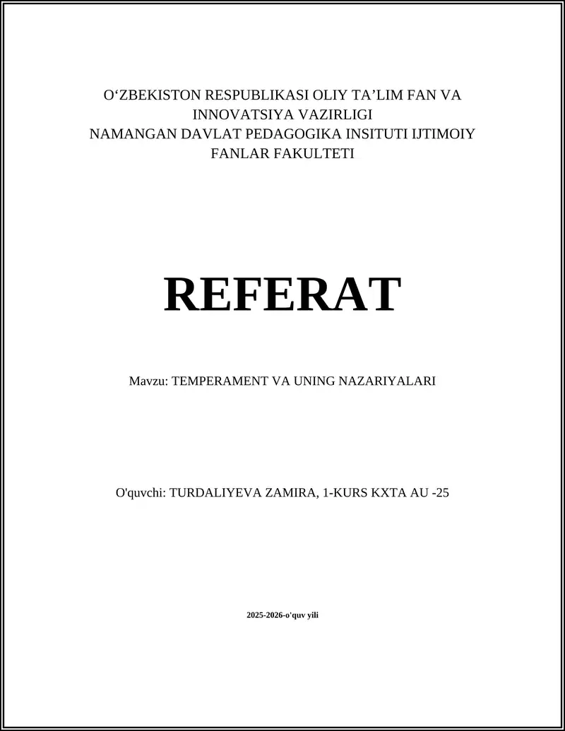 TEMPERAMENT VA UNING NAZARIYALARI