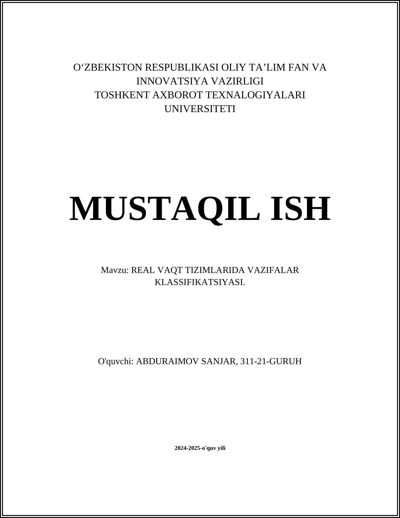 REAL VAQT TIZIMLARIDA VAZIFALAR KLASSIFIKATSIYASI