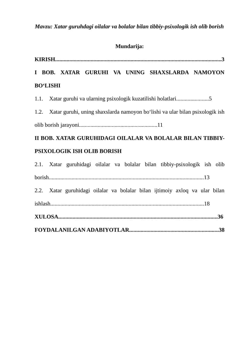 Xatar guruhidagi oilalar va bolalar bilan tibbiy-psixologik ish olib borish