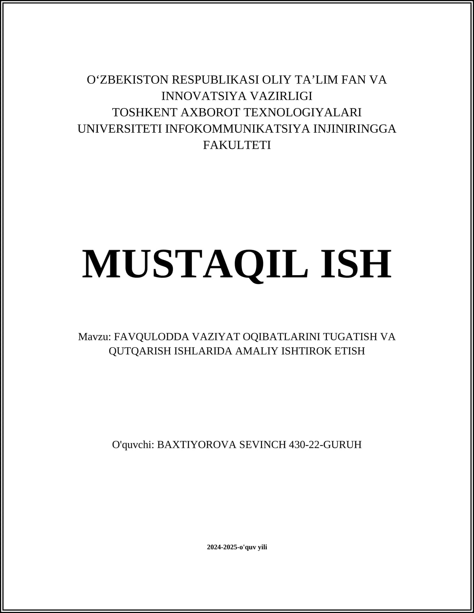 FAVQULODDA VAZIYAT OQIBATLARINI TUGATISH VA QUTQARISH ISHLARIDA AMALIY ISHTIROK ETISH