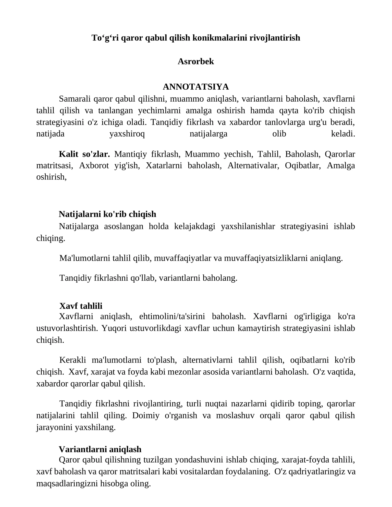 Toʻgʻri qaror qabul qilish konikmalarini rivojlantirish