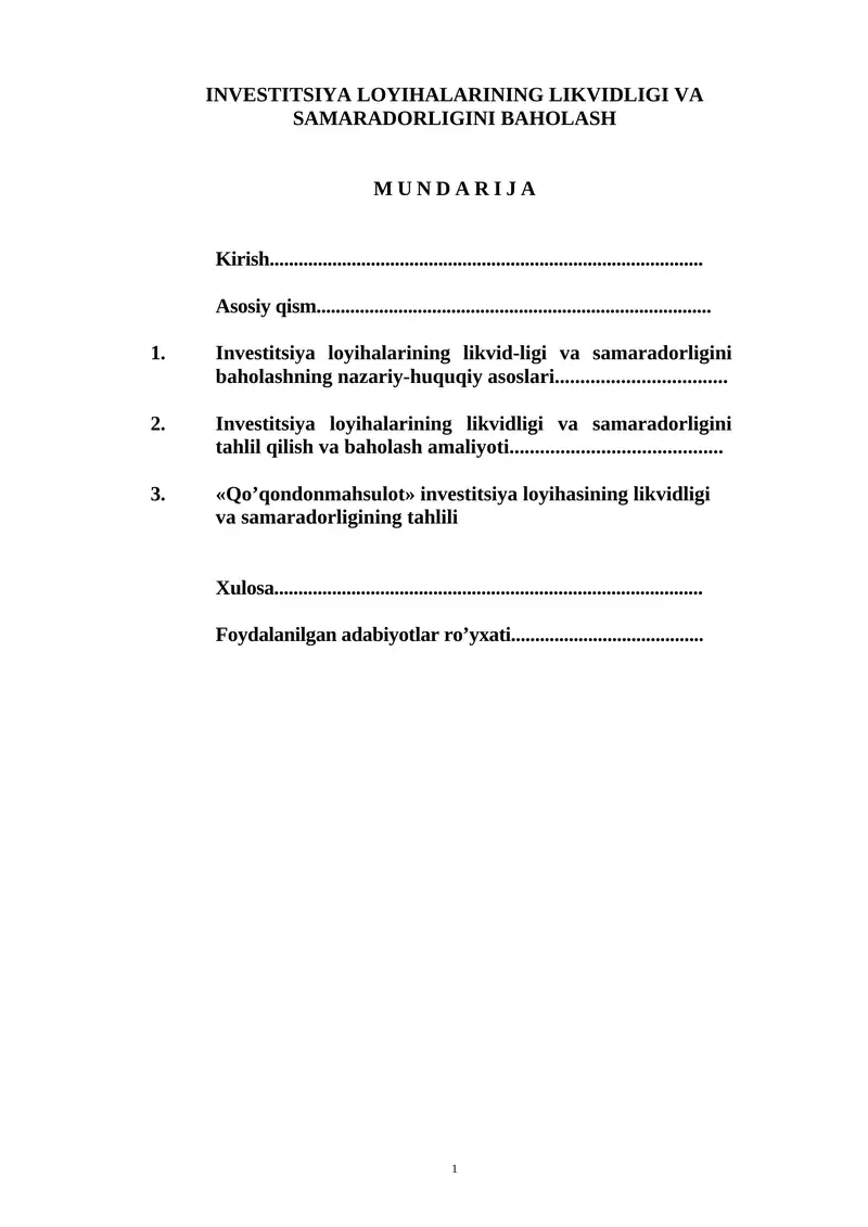INVESTITSIYA LOYIHALARINING LIKVIDLIGI VA SAMARADORLIGINI BAHOLASH