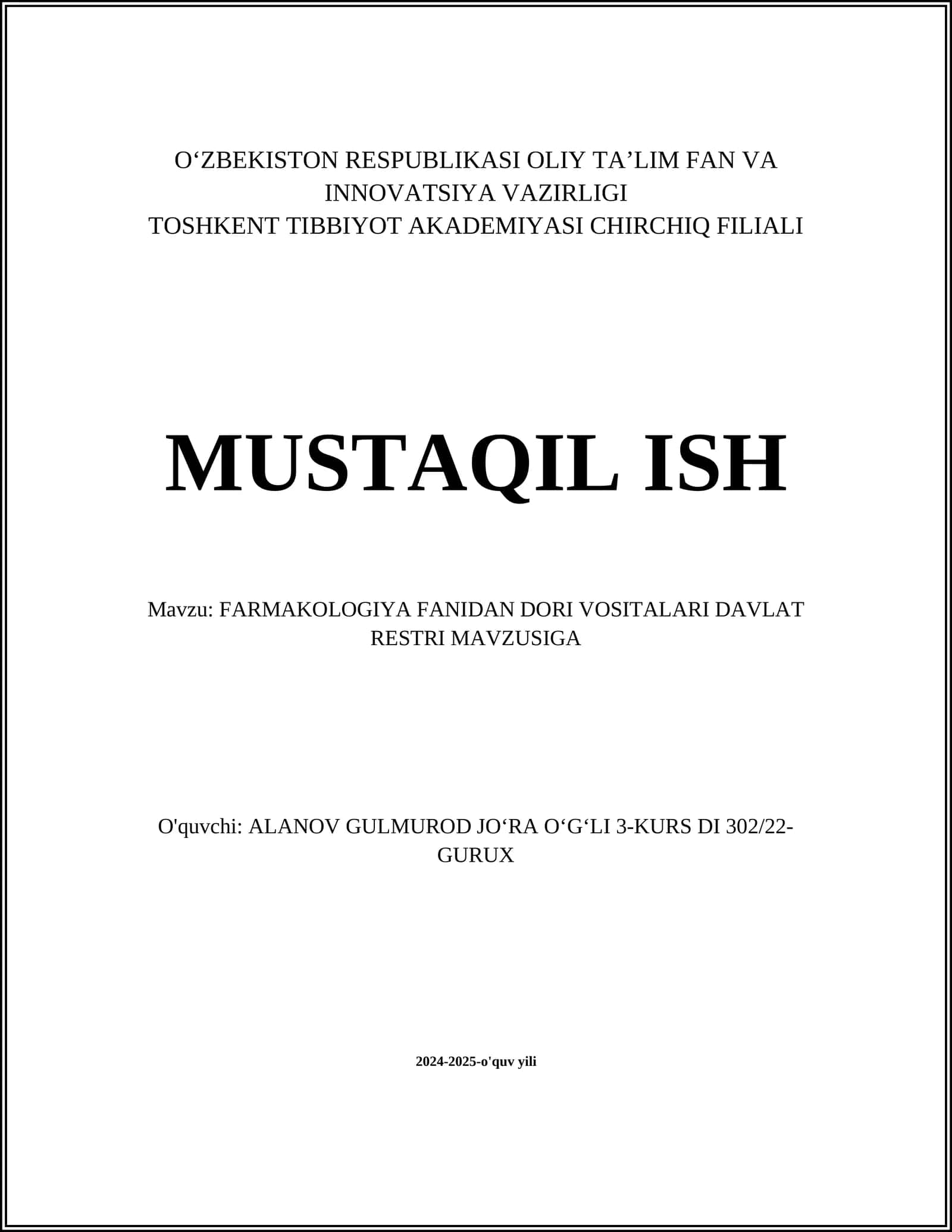 FARMAKOLOGIYA FANIDAN DORI VOSITALARI DAVLAT RESTRI MAVZUSIGA