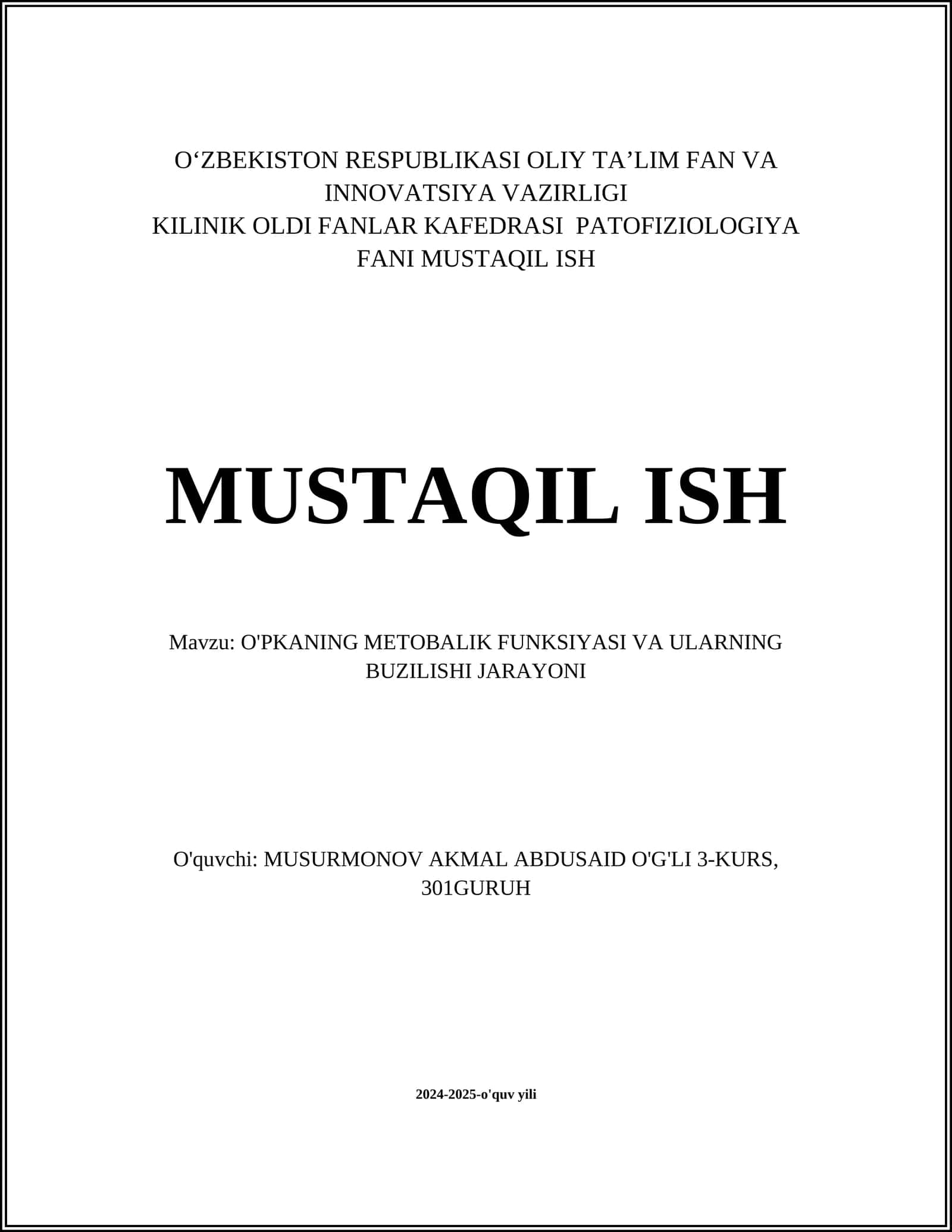 O'PKANING METOBALIK FUNKSIYASI VA ULARNING BUZILISHI JARAYONI