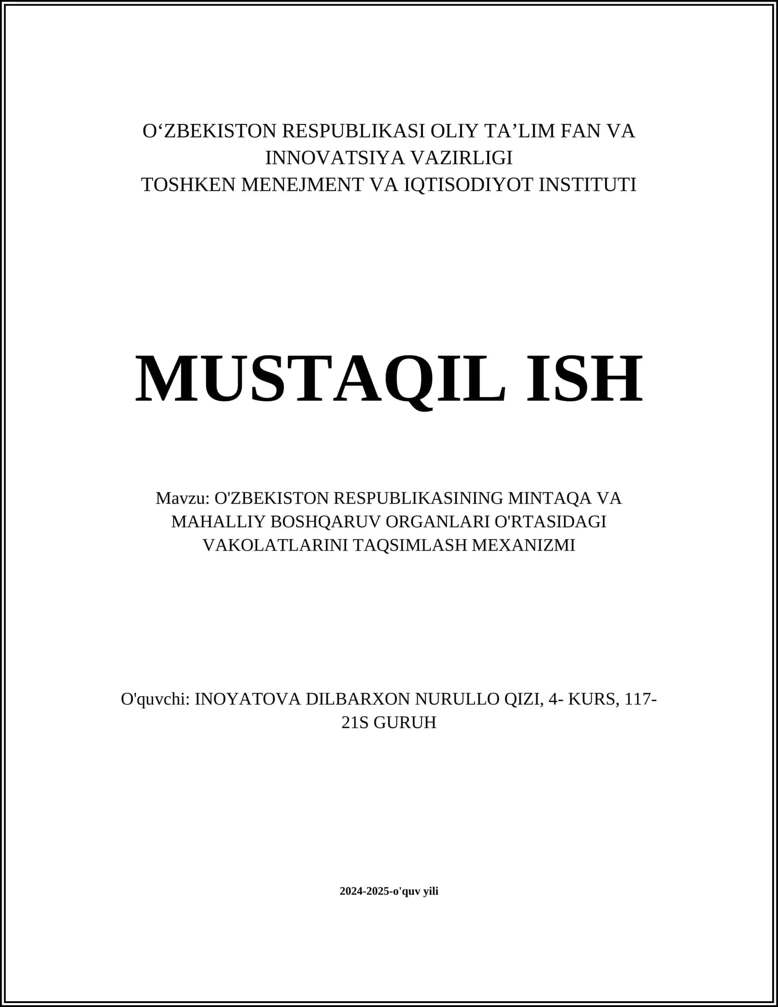 O'ZBEKISTON RESPUBLIKASINING MINTAQA VA MAHALLIY BOSHQARUV ORGANLARI O'RTASIDAGI VAKOLATLARINI TAQSIMLASH MEXANIZMI