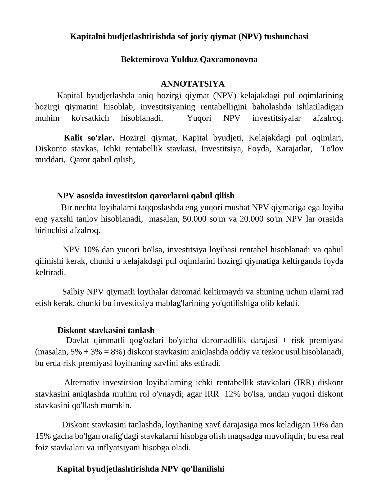 Kapitalni budjetlashtirishda sof joriy qiymat (NPV) tushunchasi
