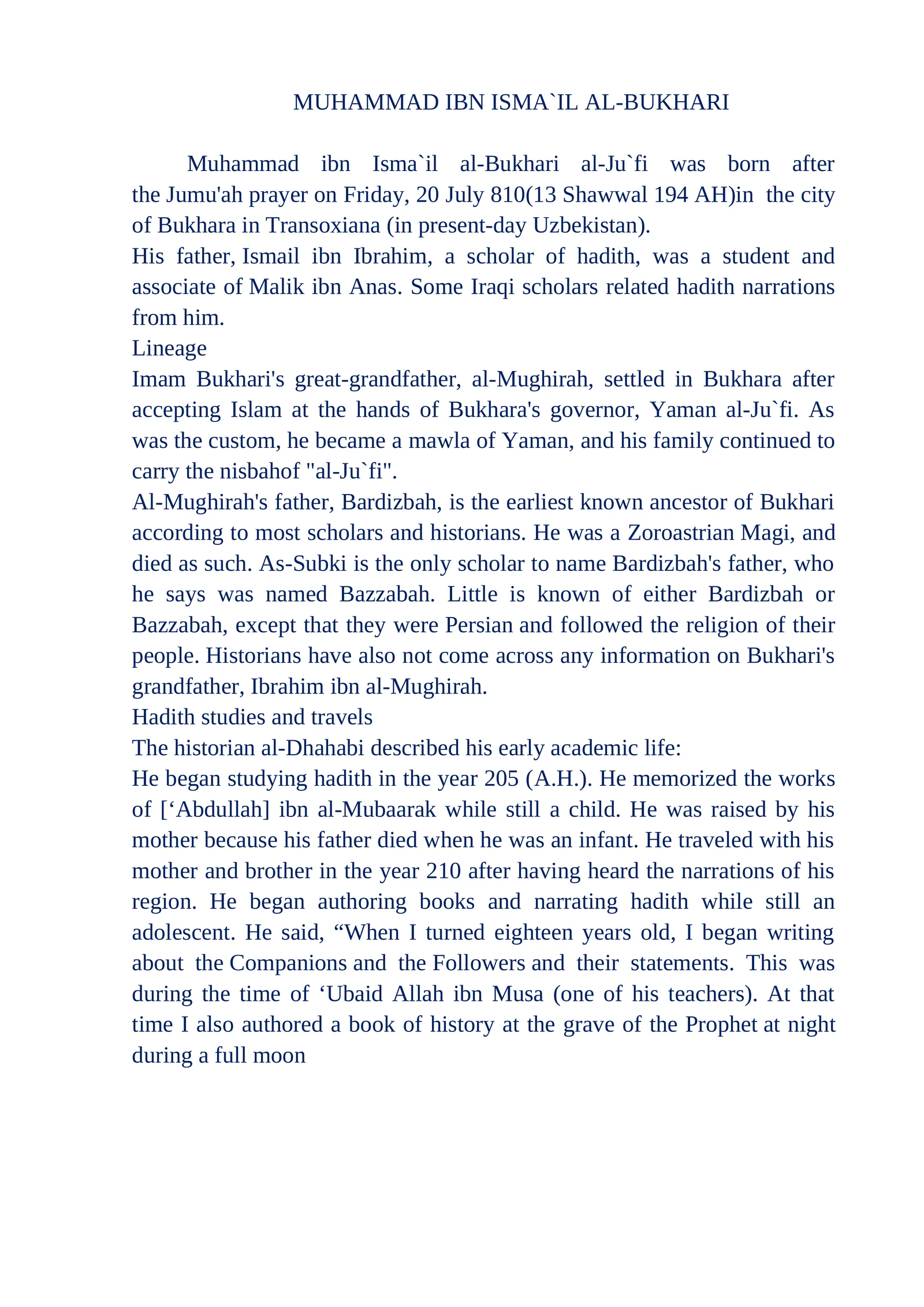 MUHAMMAD IBN ISMA`IL AL-BUKHARI