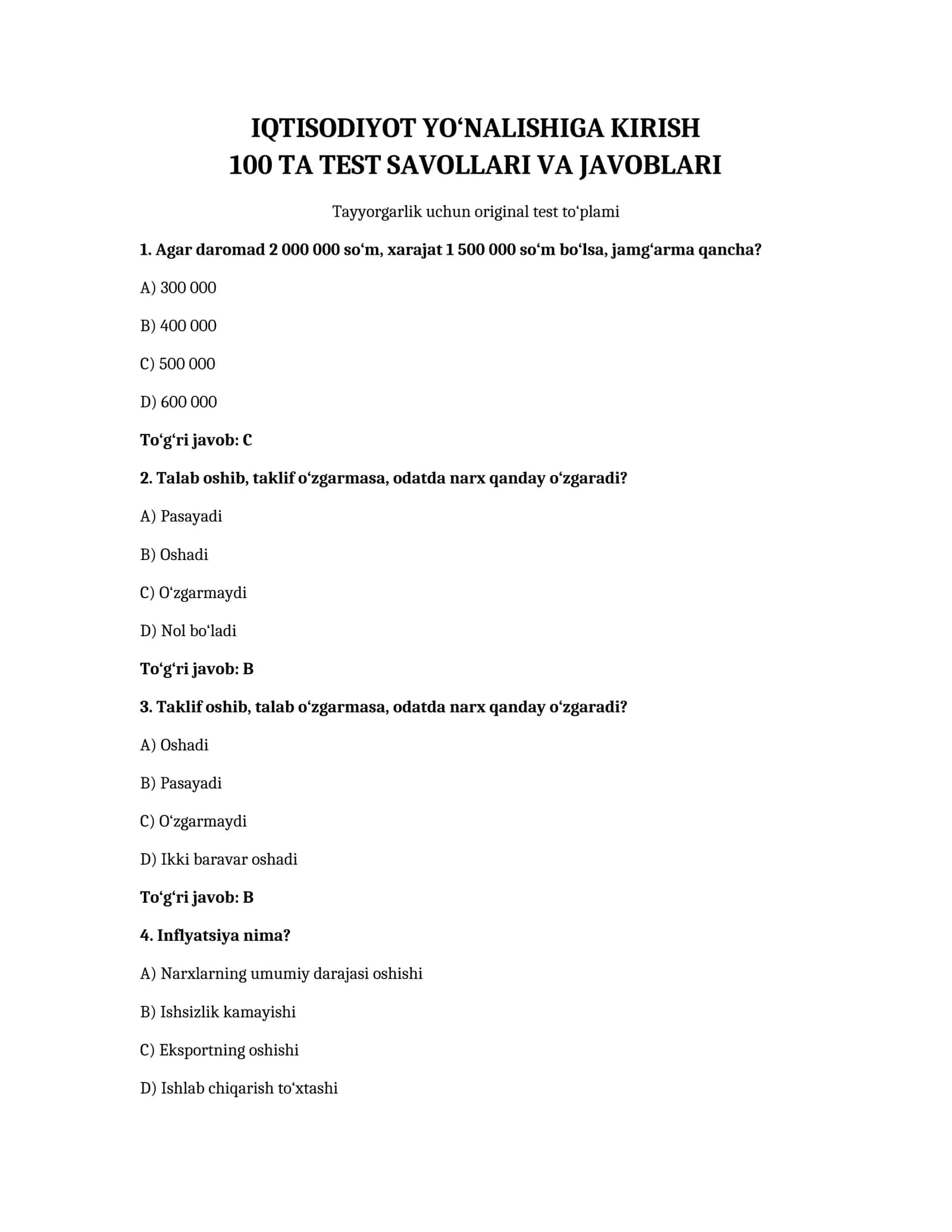 Iqtisodiyot yo‘nalishiga kirish uchun 100 ta test savollari va javoblari