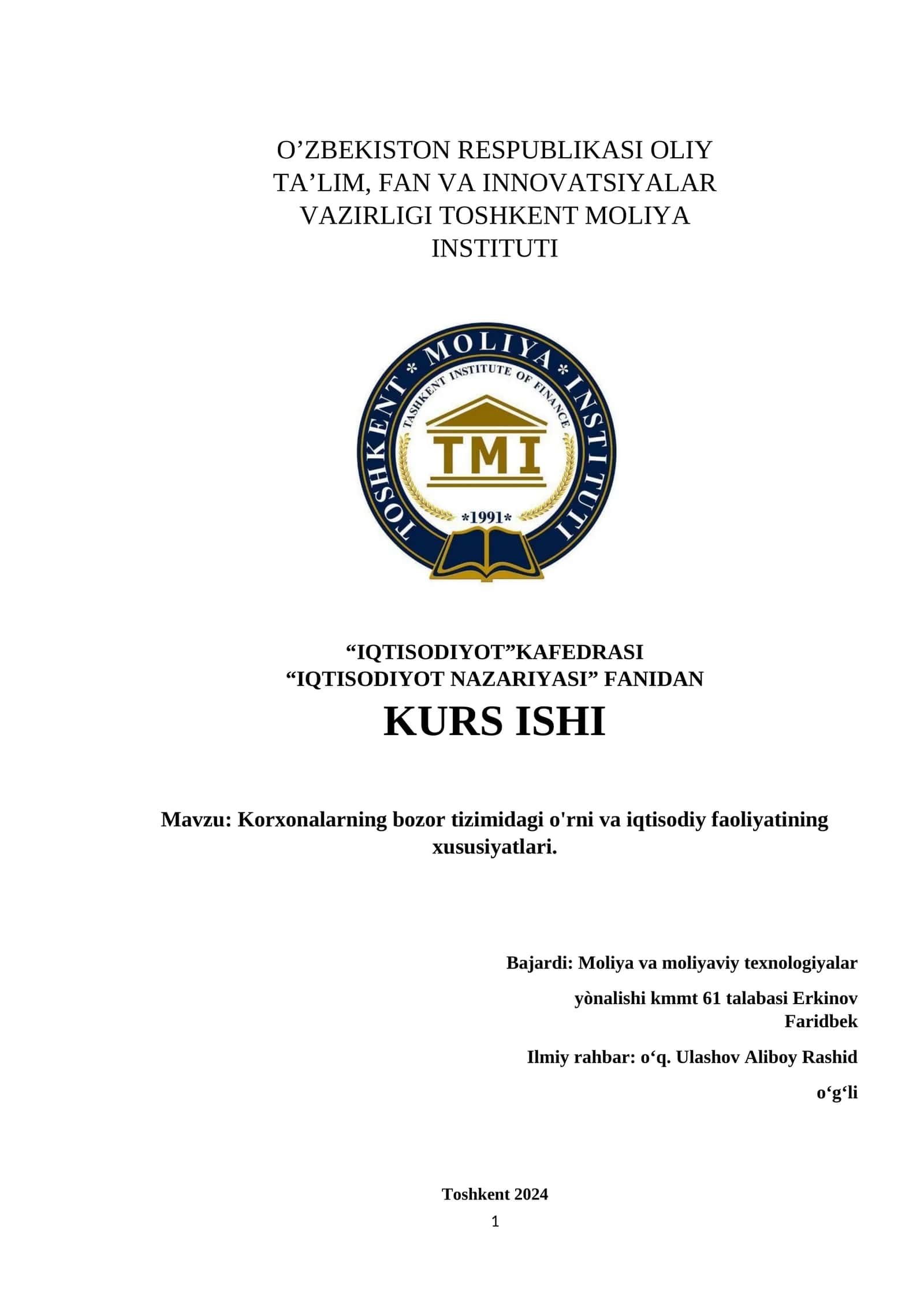 IQTISODIYOT NAZARIYASI KURS ISHI
