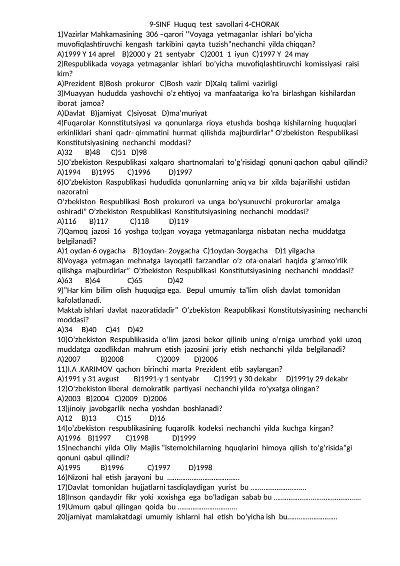 9-SINF Huquq test savollari 4-CHORAK