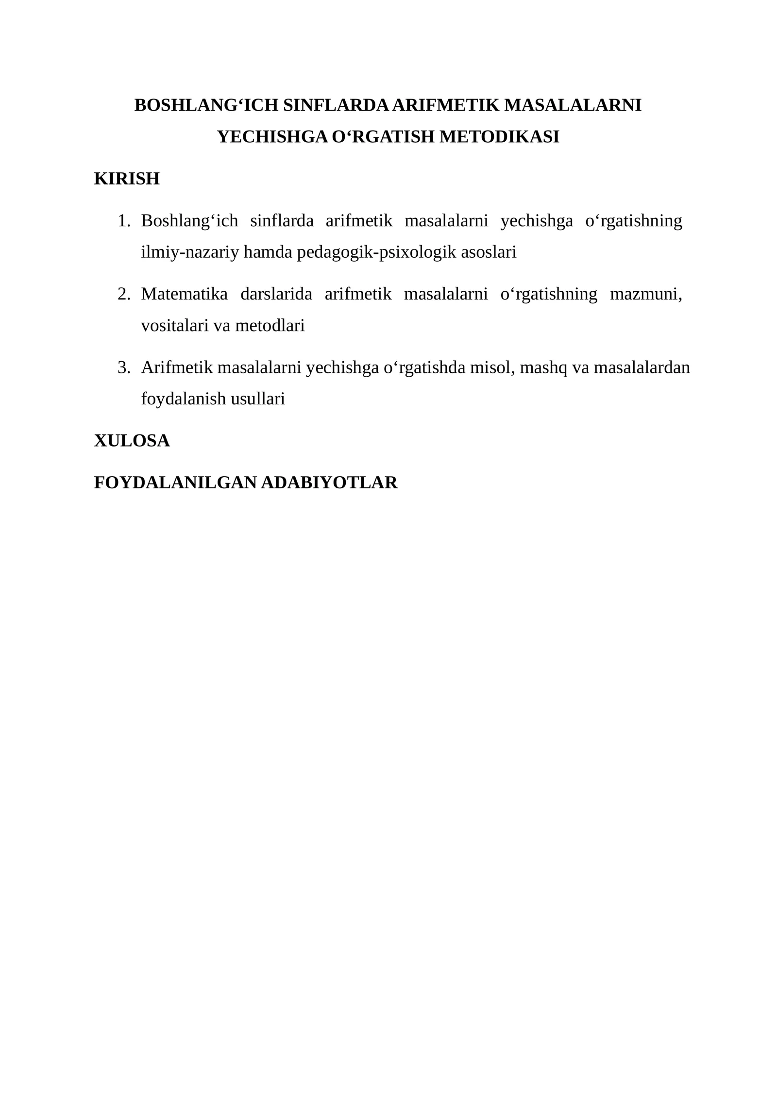 Boshlang‘ich sinflarda arifmetik masalarni yechishga o‘rgatish metodikasi