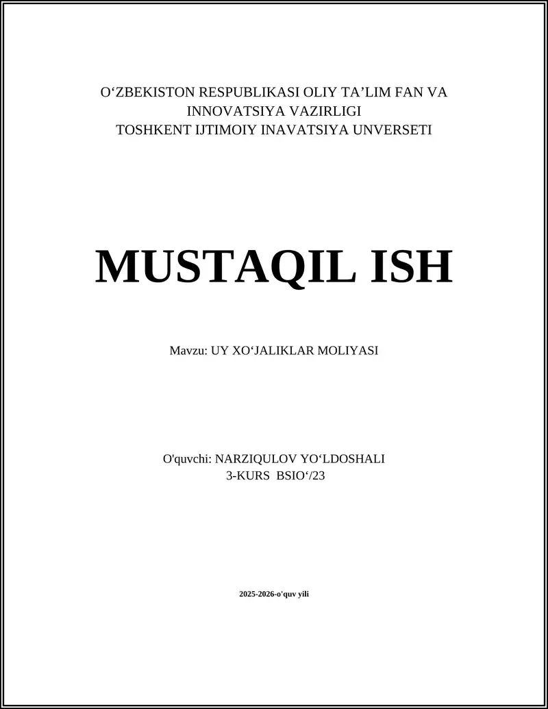 UY XOʻJALIKLAR MOLIYASI