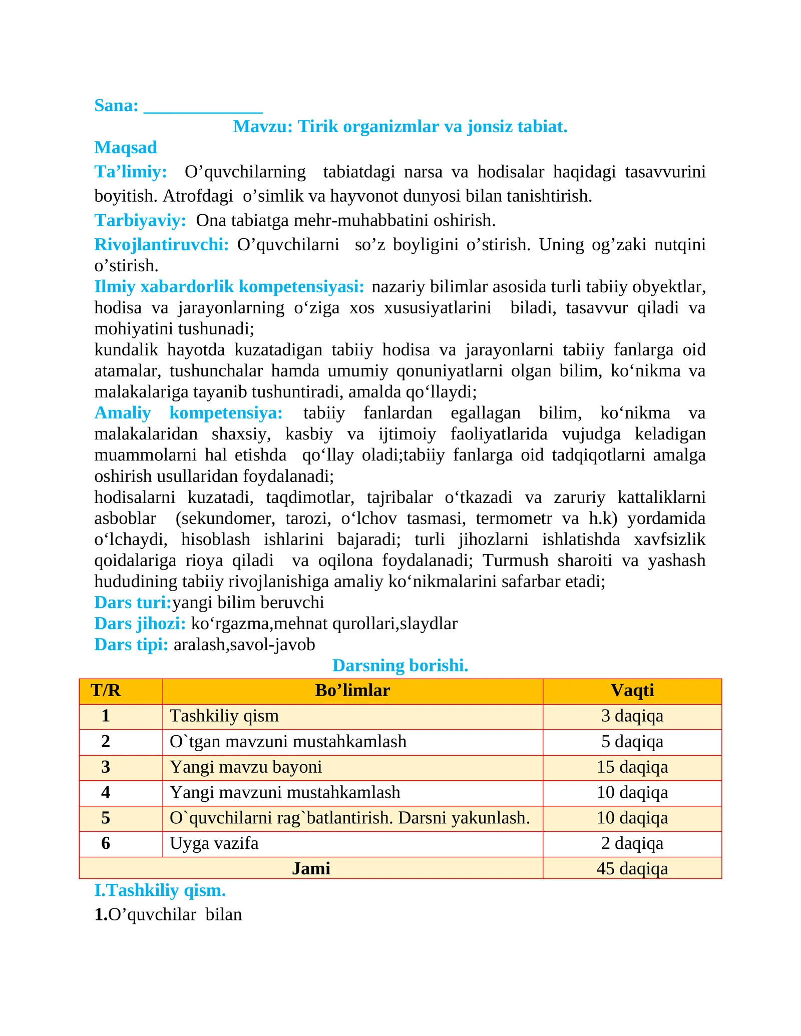 2-sinf Tabiiy Fan (Science) Tirik organizmlar va jonsiz tabiat dars ishlanma