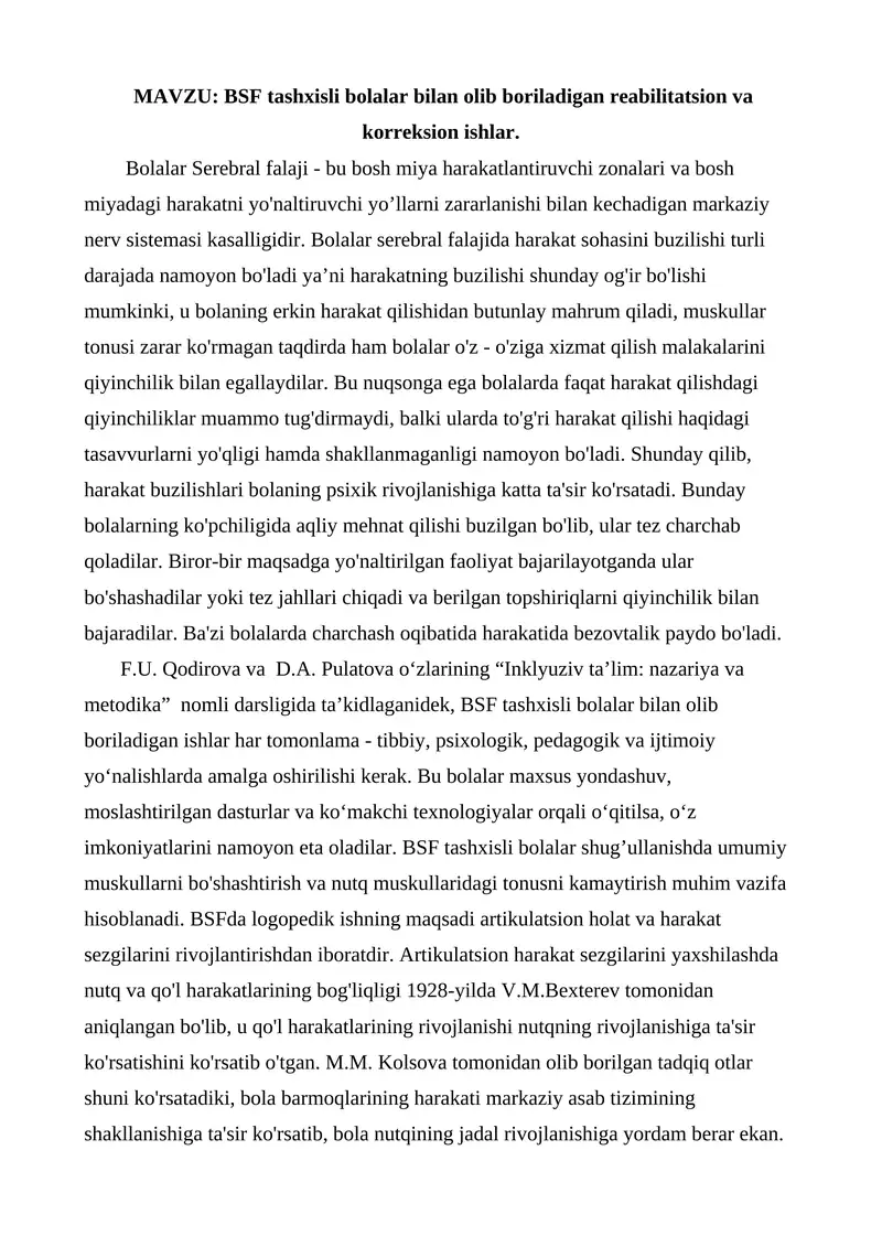 BSF tashxisli bolalar bilan olib boriladigan reabilitatsion va korreksion ishlar.