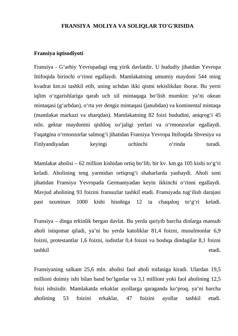 Fransiya Moliya va Soliqlar To'g'risida