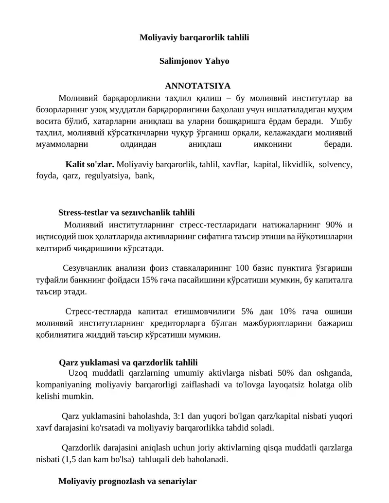 Moliyaviy barqarorlik tahlili