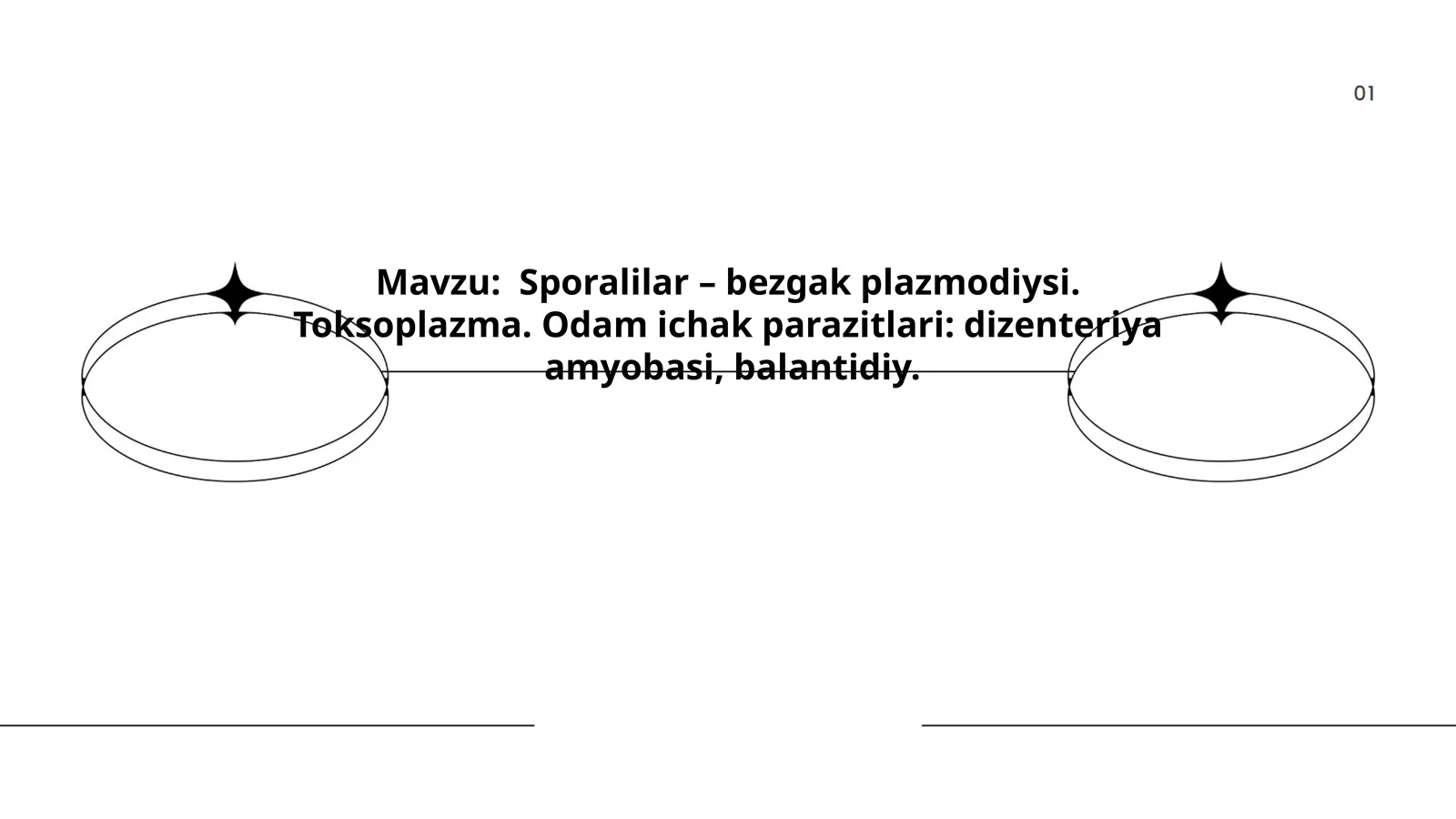 Sporalilar – bezgak plazmodiysi. Toksoplazma. Odam ichak parazitlari, dizenteriya amyobasi, balantidiy