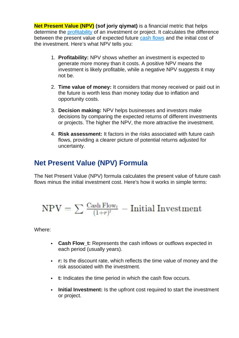 Net Present Value (NPV) (sof joriy qiymat)