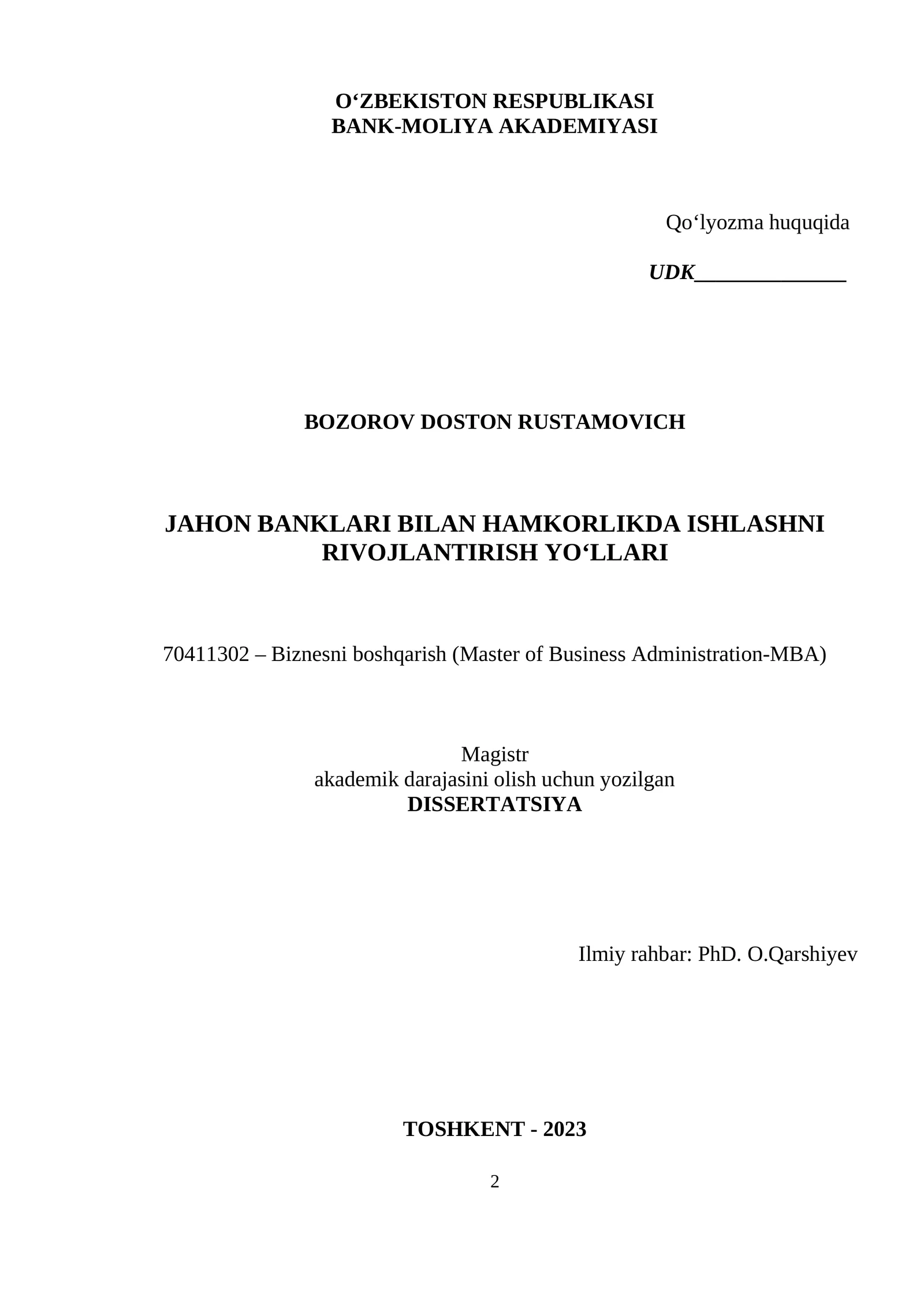 JAHON BANKLARI BILAN HAMKORLIKDA ISHLASHNI RIVOJLANTIRISH YO‘LLARI
