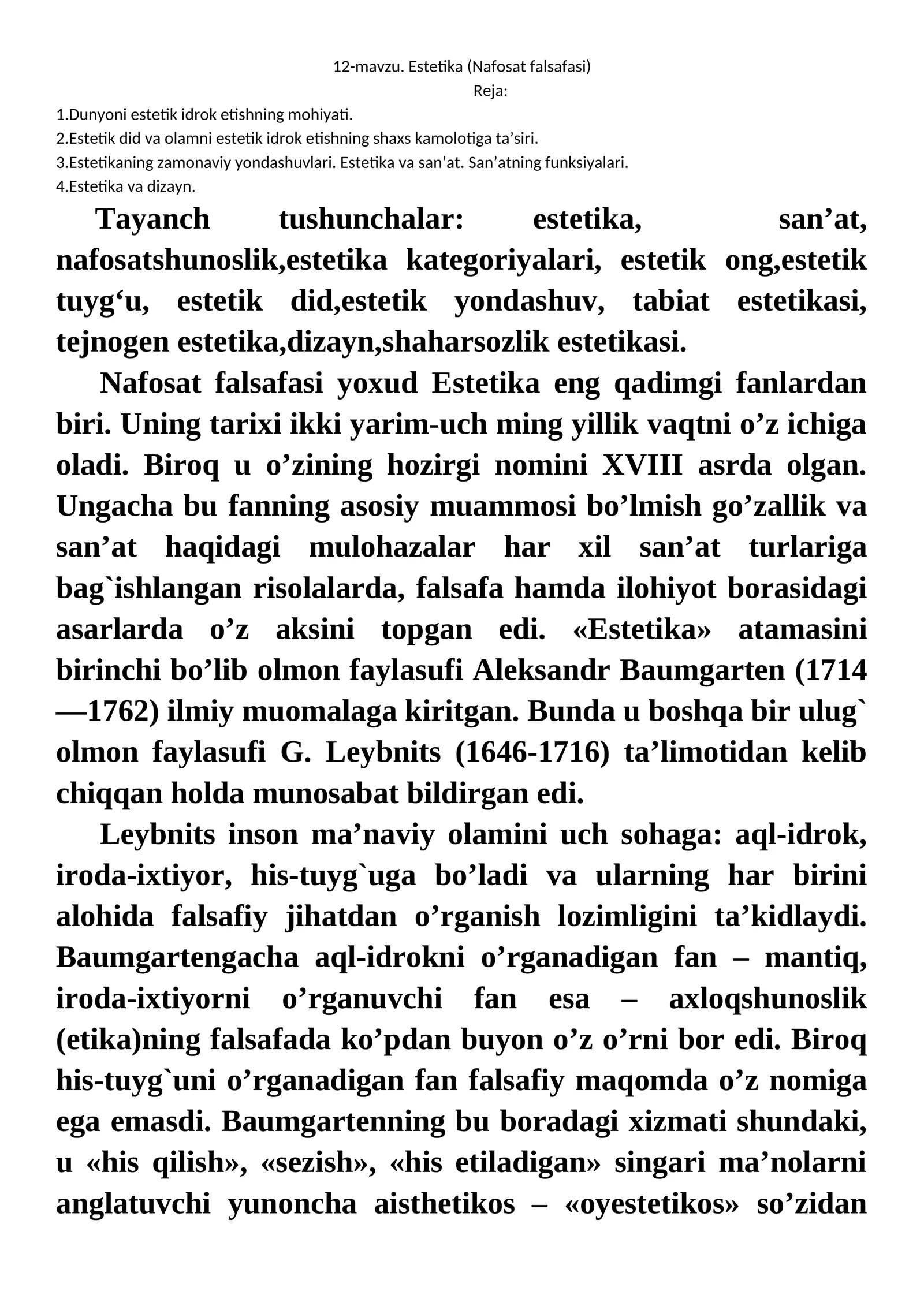 12-mavzu. Estetika (Nafosat falsafasi)