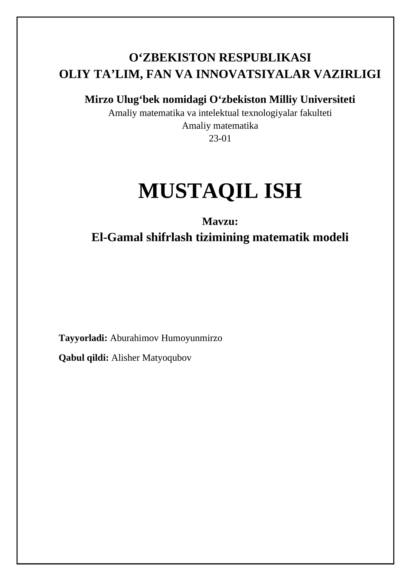 El-Gamal shifrlash tizimi: Asoslar va matematik model
