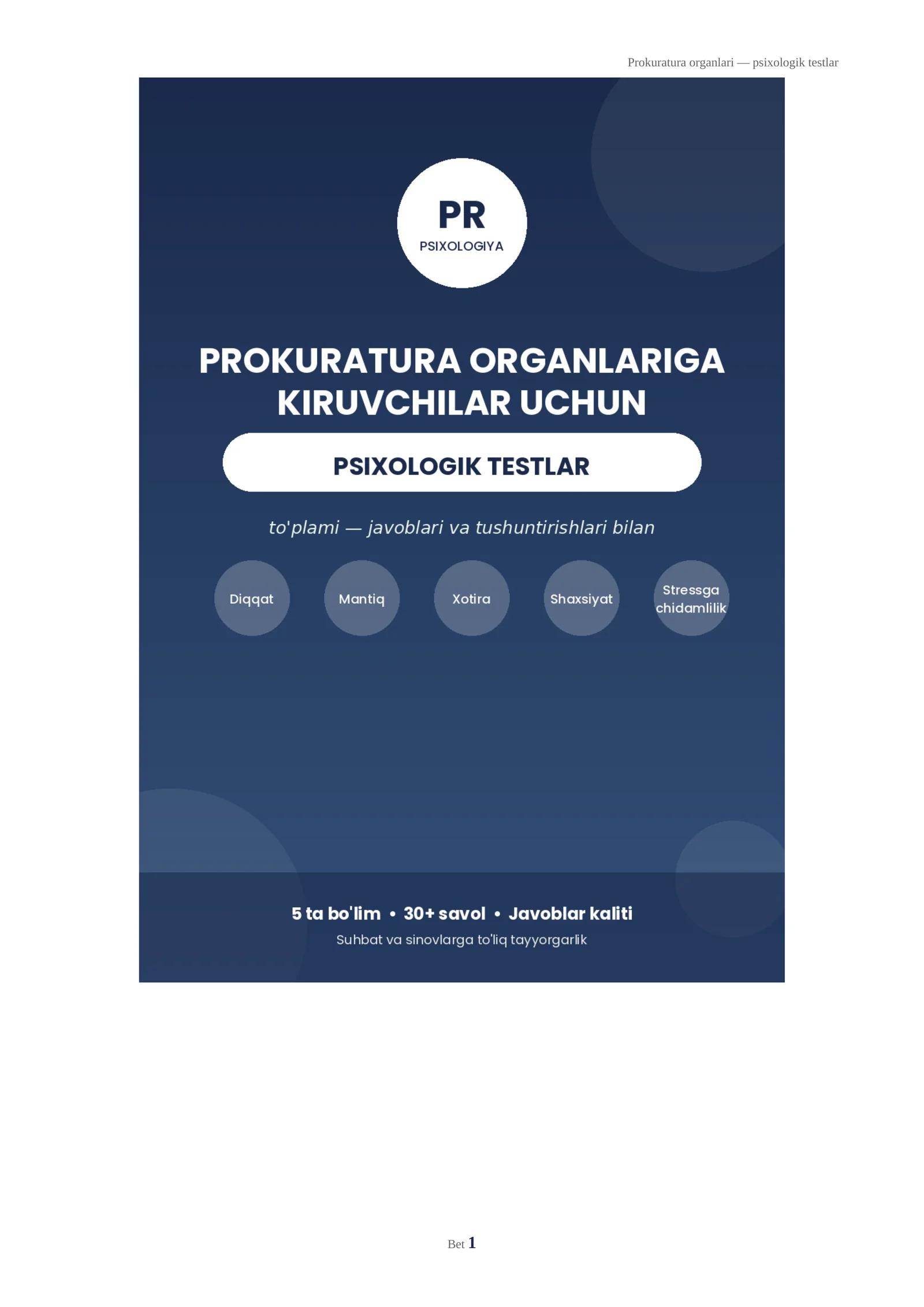 Prokuratura organlariga kiruvchilar uchun psixologik testlar to'plami (javoblari bilan)