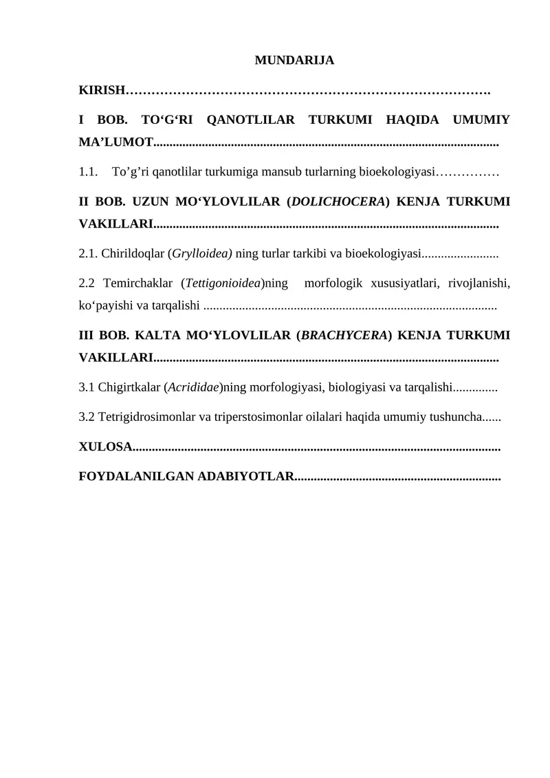Kurs ishi. Toʻgʻri qanotlilar turkumi vakillari.