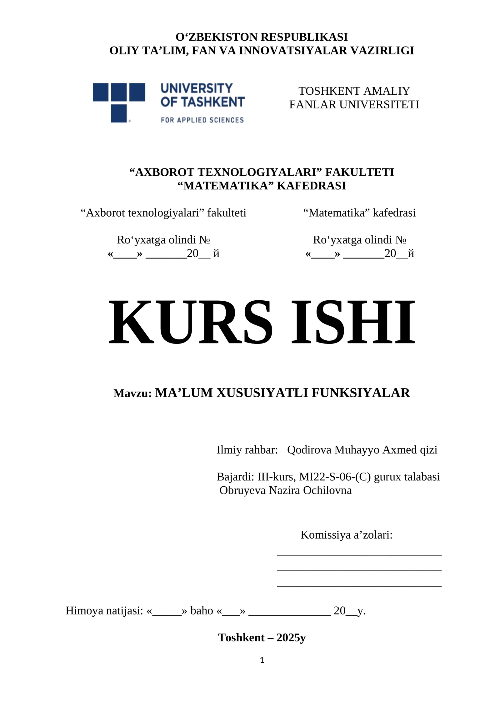 MA’LUM XUSUSIYATLI FUNKSIYALAR