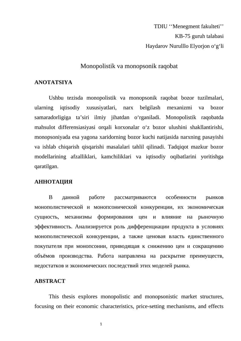 monopolistik va monopsonik raqobat