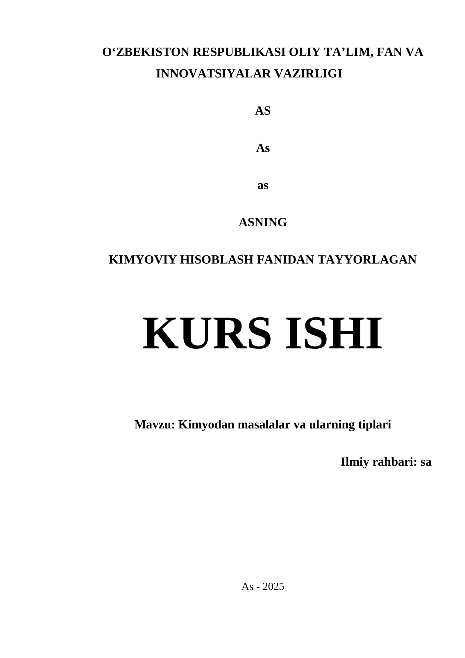 KIMYODAN MASALALAR VA ULARNING TIPLARI KURS ISHI