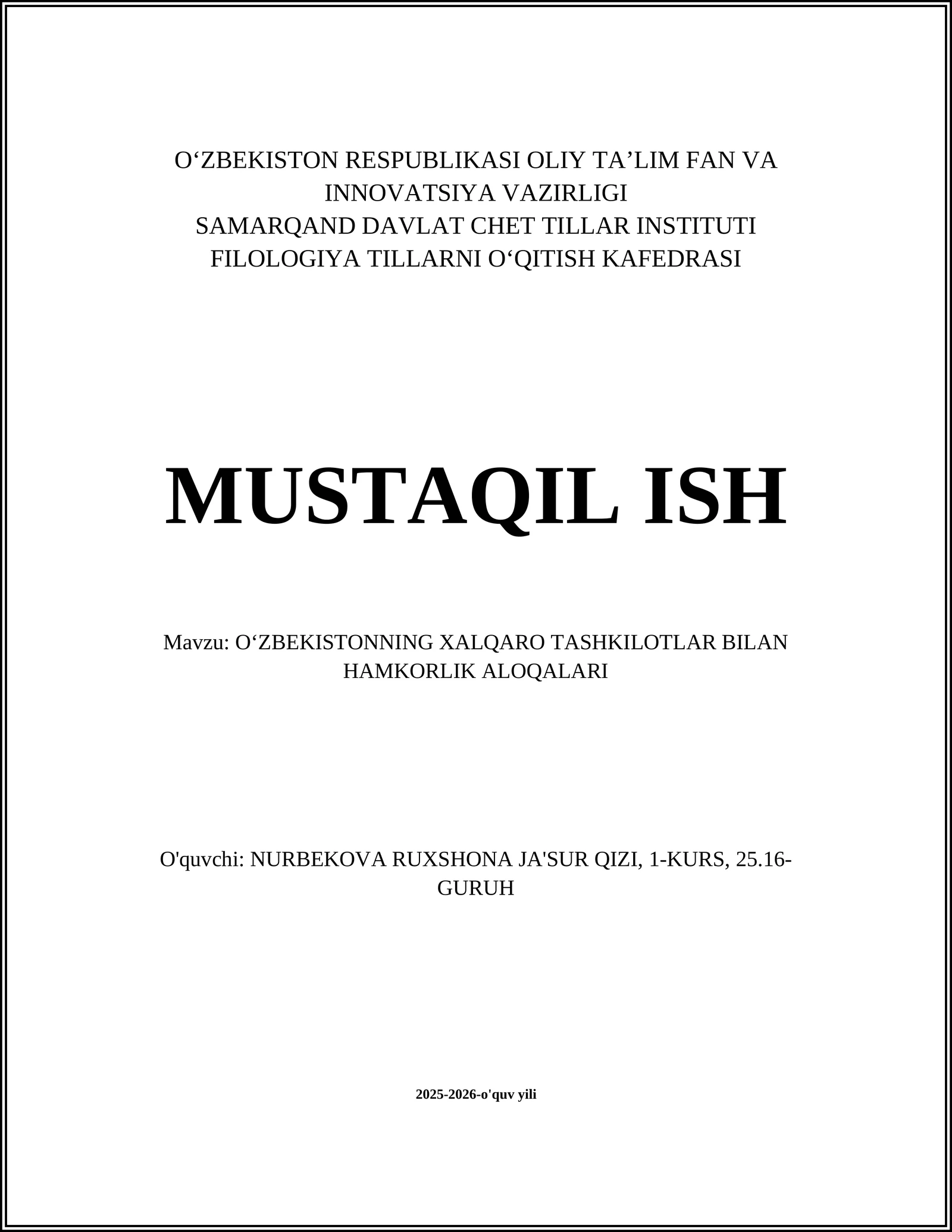 OʻZBEKISTONNING XALQARO TASHKILOTLAR BILAN HAMKORLIK ALOQALARI