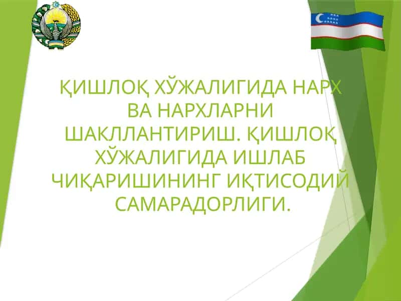 ҚИШЛОҚ ХЎЖАЛИГИДА НАРХ ВА НАРХЛАРНИ ШАКЛЛАНТИРИШ. ҚИШЛОҚ ХЎЖАЛИГИДА ИШЛАБ ЧИҚАРИШИНИНГ ИҚТИСОДИЙ  САМАРАДОРЛИГИ.