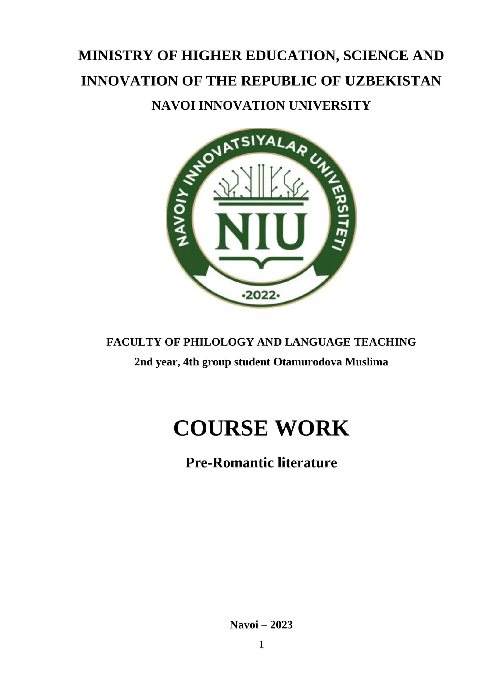 Pre-Romantic Literature Course Work