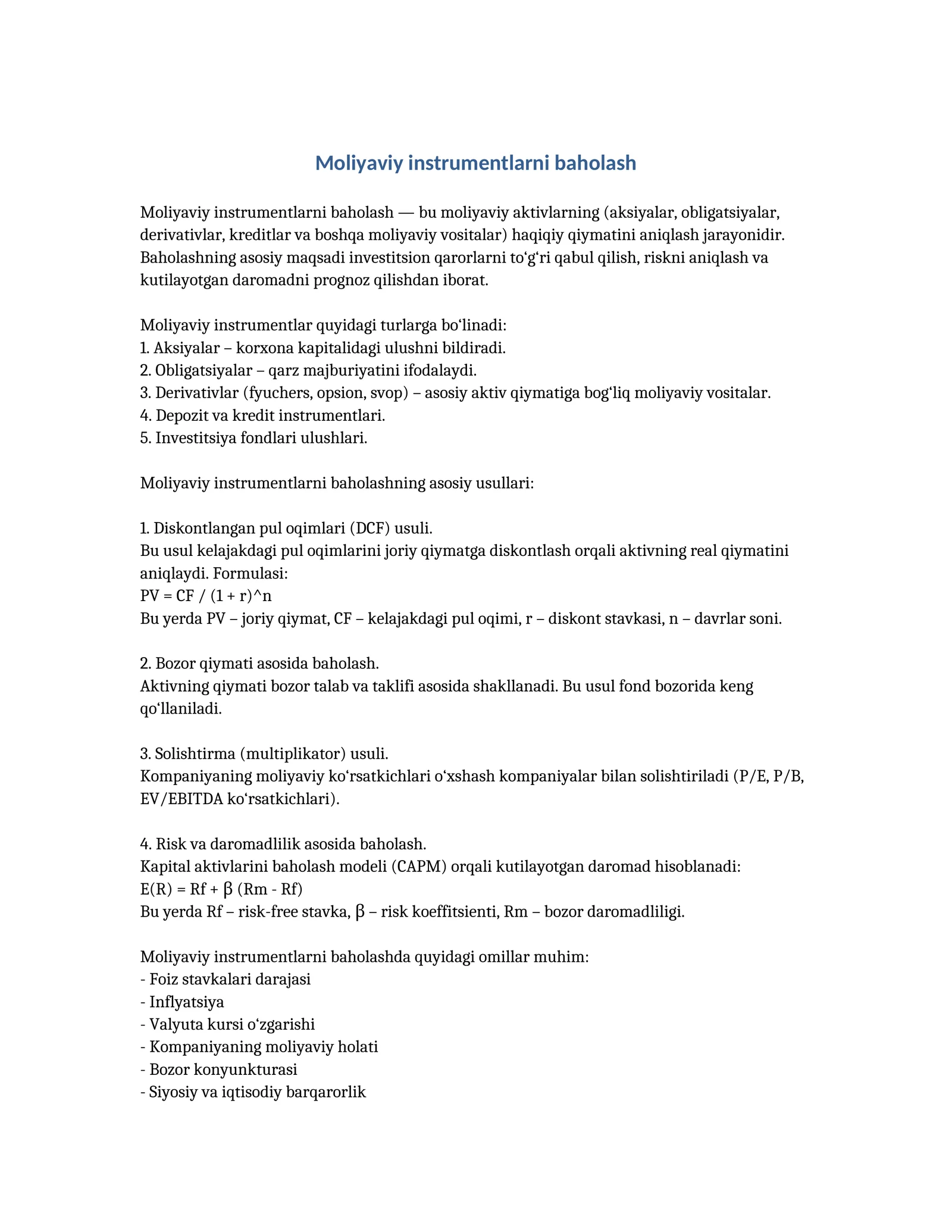 Moliyaviy instrumentlarni baholash