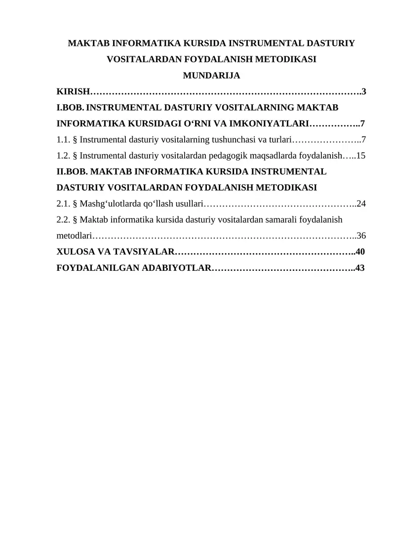 MAKTAB INFORMATIKA KURSIDA INSTRUMENTAL DASTURIY VOSITALARDAN FOYDALANISH METODIKASI