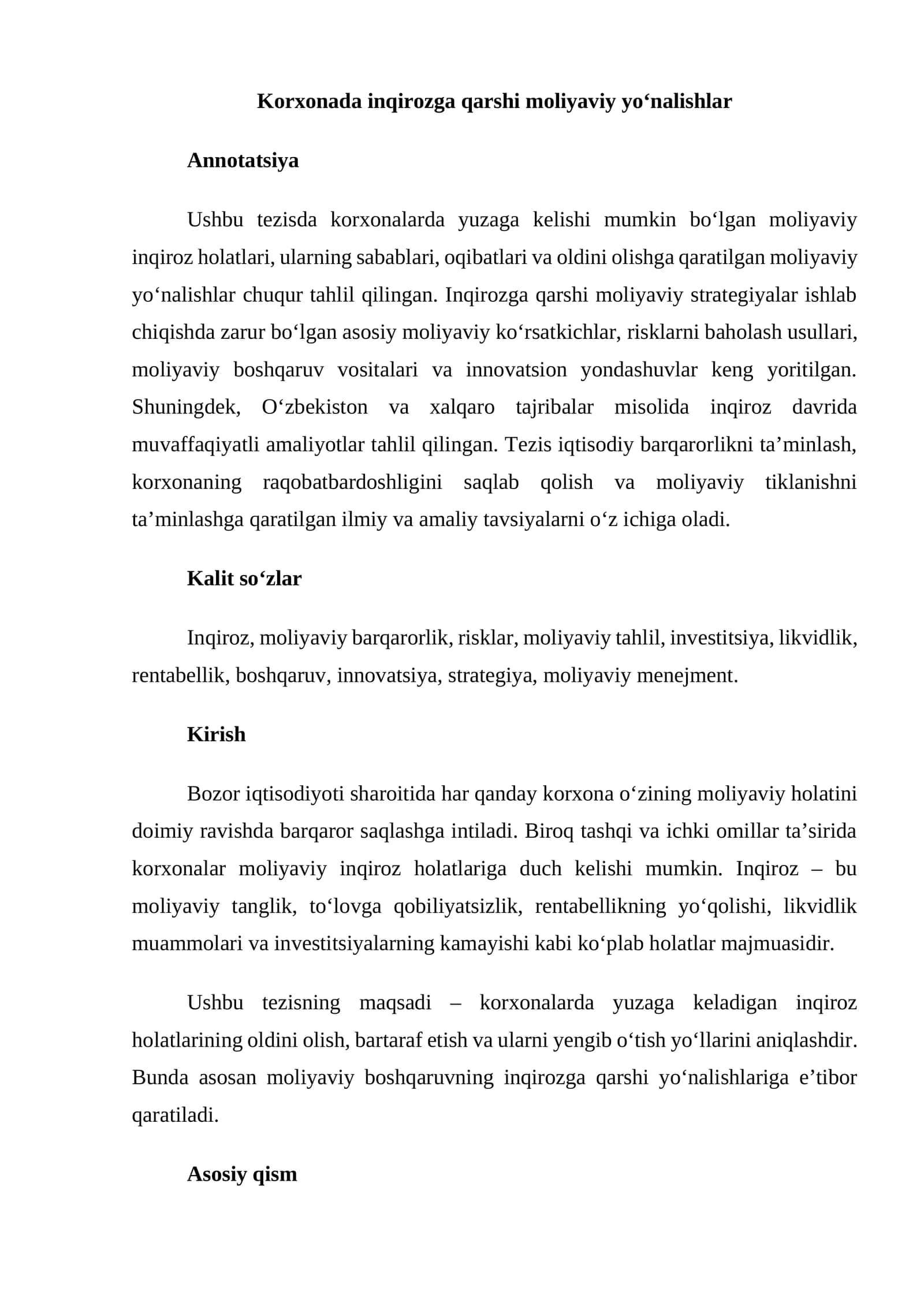 Korxonada inqirozga qarshi moliyaviy yo‘nalishlar