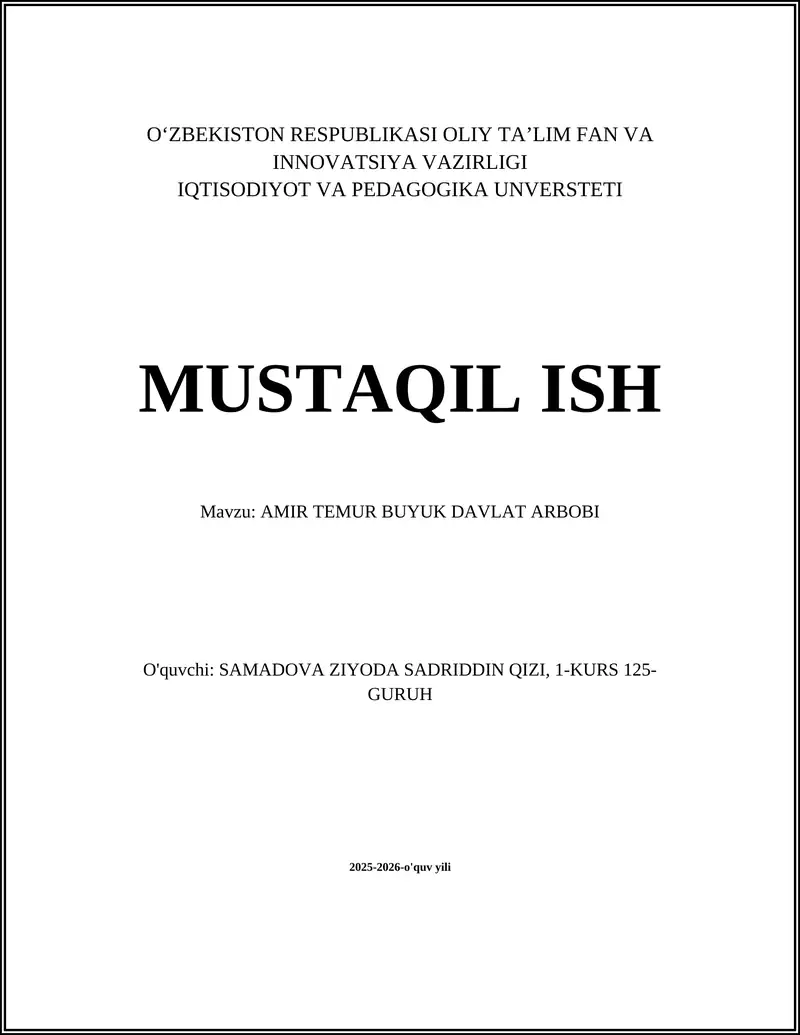 AMIR TEMUR BUYUK DAVLAT ARBOBI