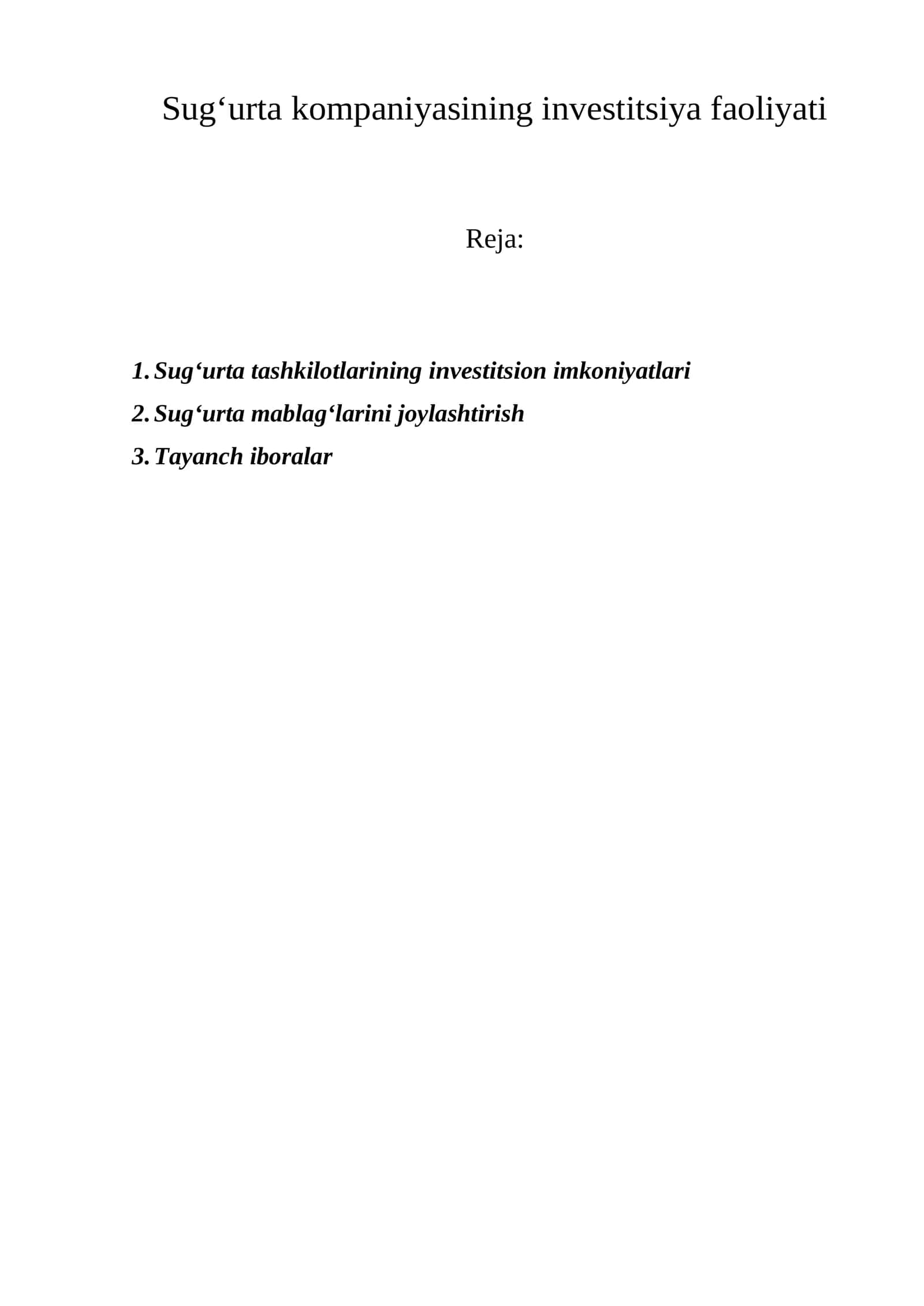 Sug‘urta kompaniyasining investitsiya faoliyati