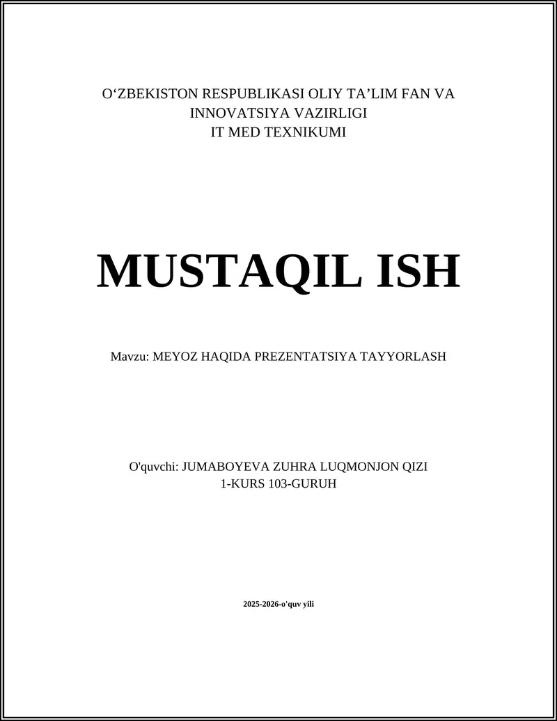 MEYOZ HAQIDA PREZENTATSIYA TAYYORLASH