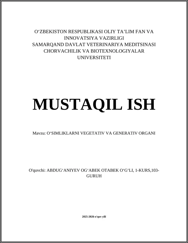 OʻSIMLIKLARNI VEGETATIV VA GENERATIV ORGANI