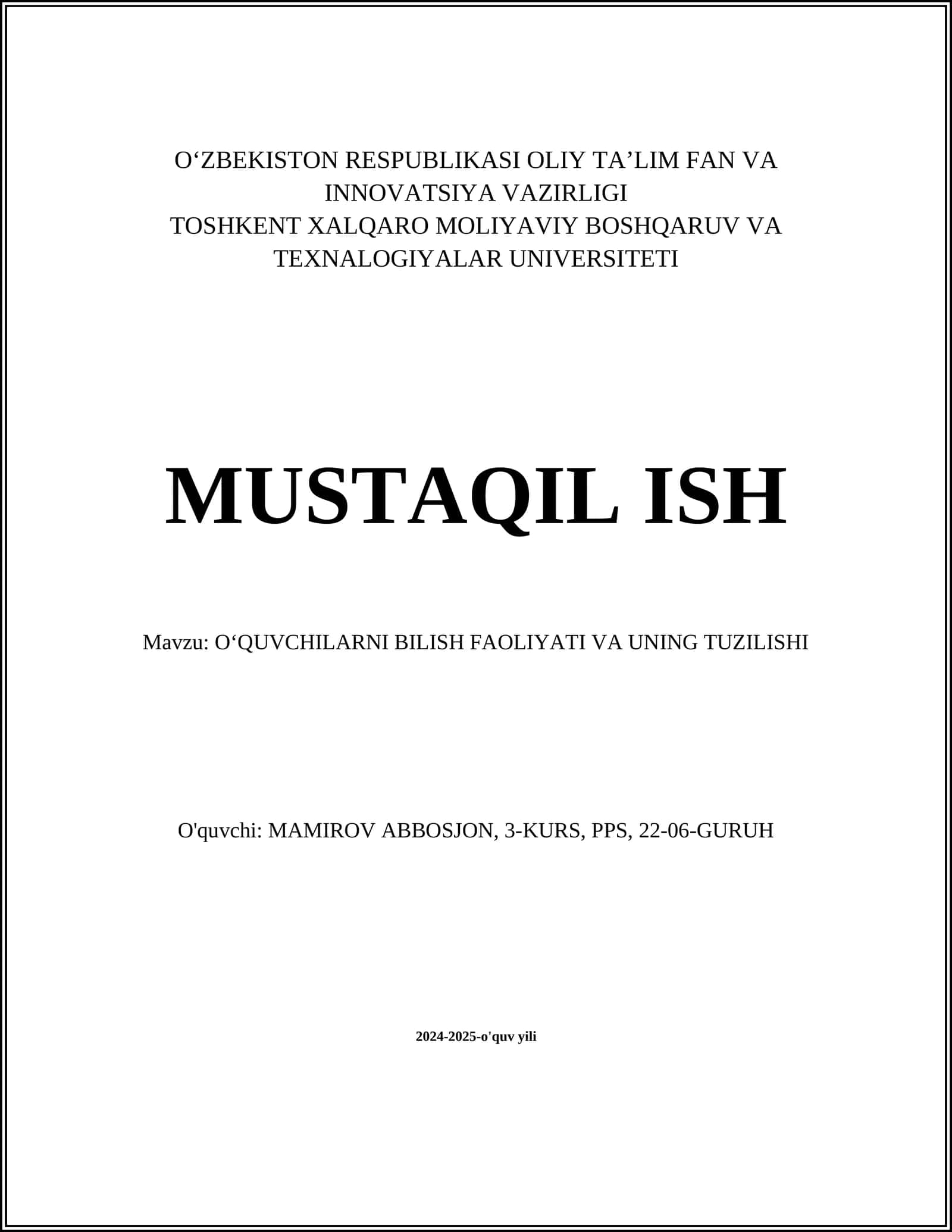 O'QUVCHILARNI BILISH FAOLIYATI VA UNING TUZILISHI