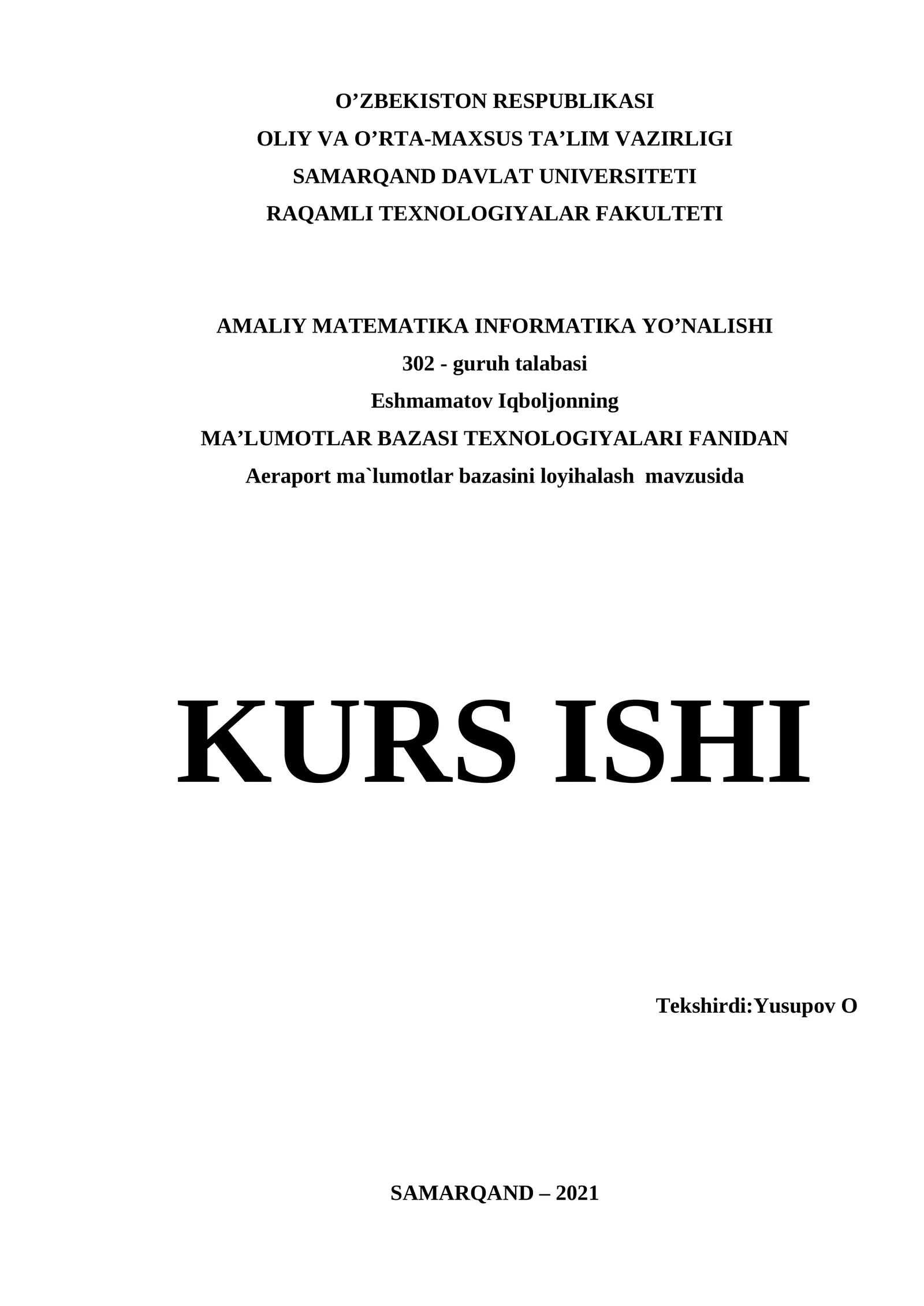 MA’LUMOTLAR BAZASI TEXNOLOGIYALARI FANIDAN