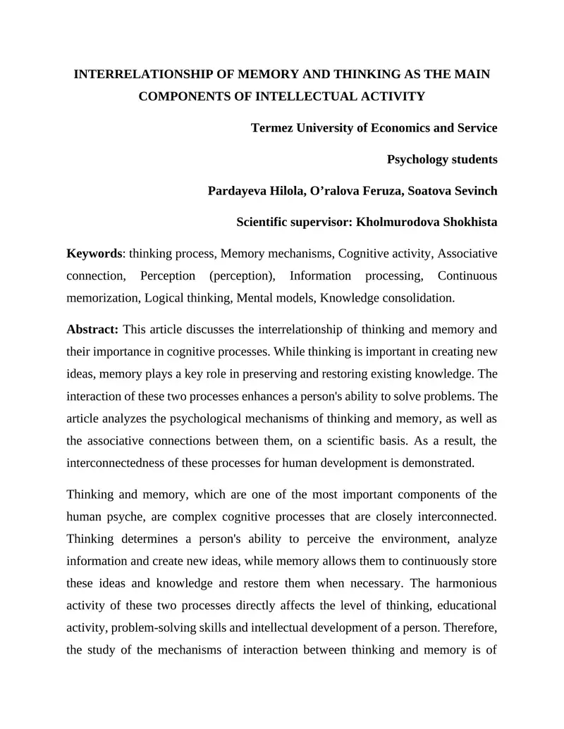 Interrelationship of Memory and Thinking as the Main Components of Intellectual Activity
