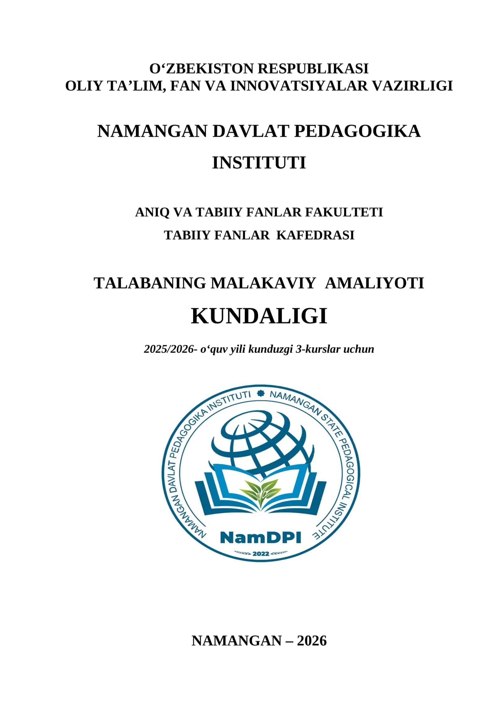 Talabaning MALAKAVIY amaliyoti Kundalig
