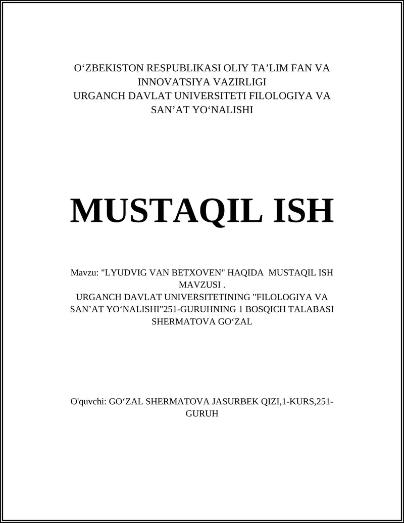"LYUDVIG VAN BETXOVEN" HAQIDA MUSTAQIL ISH MAVZUSI