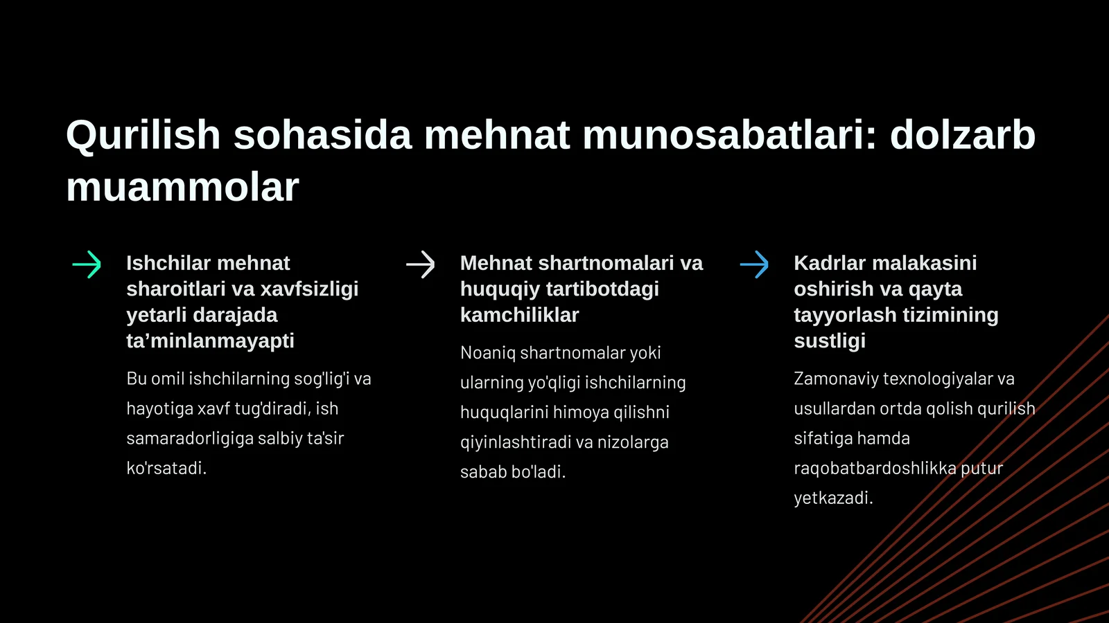 Qurilish sohasida mehnat munosabatlari: dolzarb muammolar