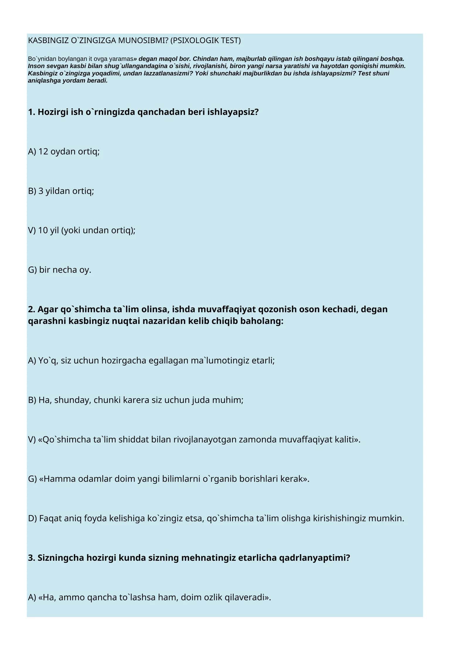 KASBINGIZ O`ZINGIZGA MUNOSIBMI? (PSIXOLOGIK TEST)