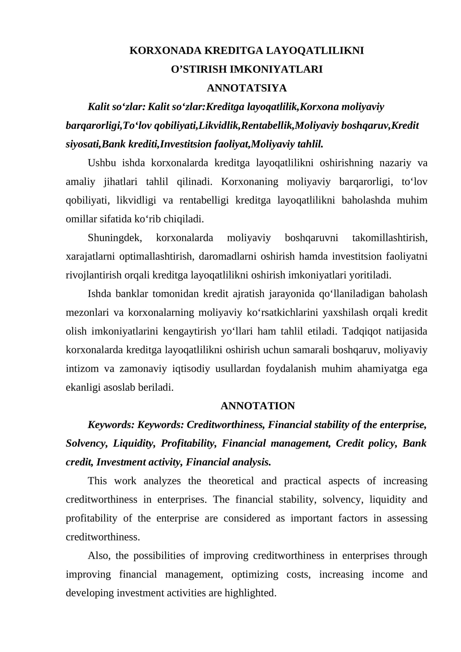 KORXONADA KREDITGA LAYOQATLILIKNI O’STIRISH IMKONIYATLARI