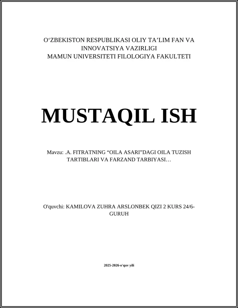 FITRATNING “OILA ASARI”DAGI OILA TUZISH TARTIBLARI VA FARZAND TARBIYASI